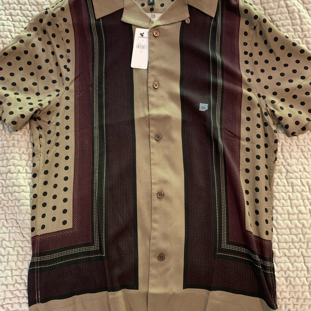 Express Men's Beige and Dark Brown Patterned Shirt